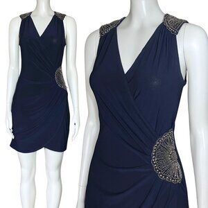 Vintage Y2K Navy Blue Beaded Cocktail Hoco Dress. S/M. Silver Boho Glam Party